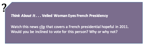 Text box discussing a veiled woman's intentions for the French presidency, urging viewers to consider their voting inclinations.