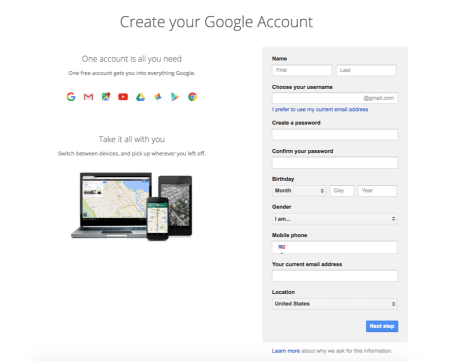 A screenshot of the create your Google account page.