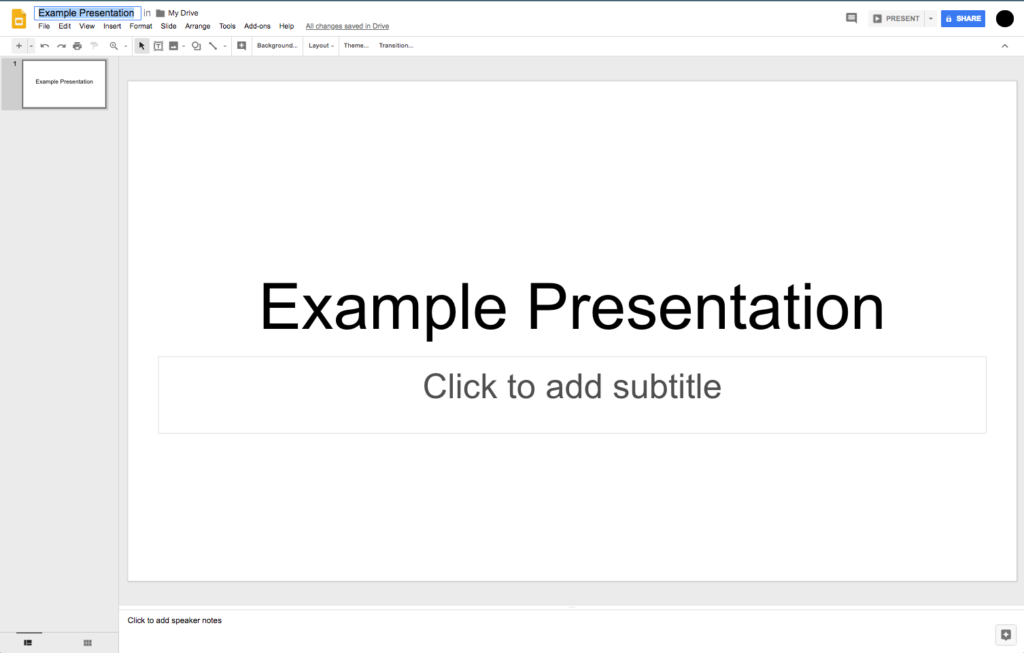 A screenshot of a template slide in Google slides. The slide has two text boxes. One reads "Example Presentation" the other reads "Click to add subtitle".