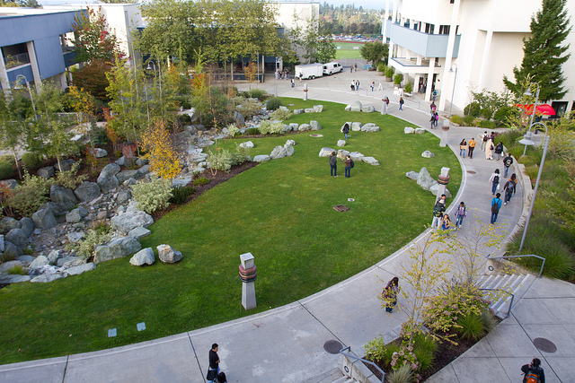 Aerial view of campus walkway