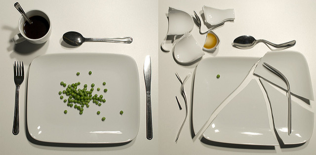Montage of two photos. On left, table setting with a square plate of peas, surrounded by utensils on each side, and a coffee cup in the top left. On the right, the same place setting is broken, with only one pea on a shattered plate and bent utensils around it