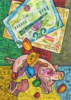 Painting of stylized credit card bills floating over a broken piggy bank, with coins spilling out