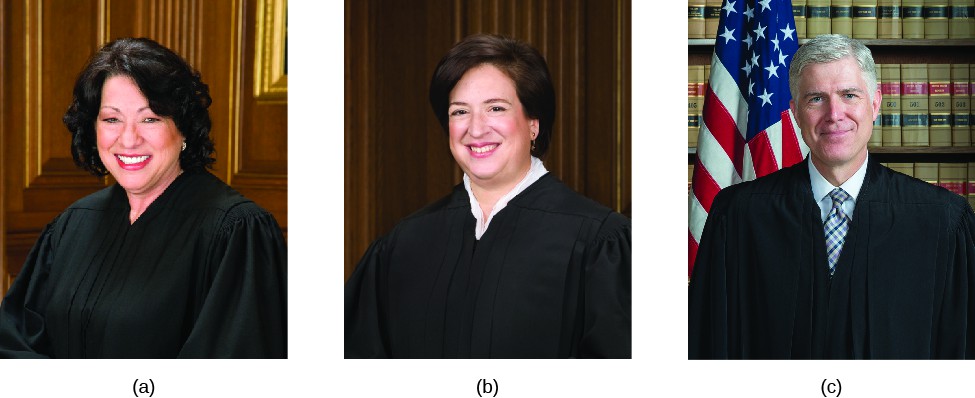 Image A is of Justice Sonia Sotomayor. Image B is of Justice Elena Kagan. Image C is of Justice Neil Gorsuch.