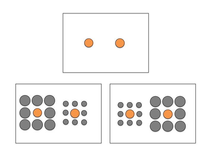 Three different images. The first shows two orange circles of similar size. The next shows those two same circles, but surrounded by other circles. The left center circle is surrounded by large circles, and the orange circle on the right is surrounded by smaller circles. The last image shows the reverse of that, with the left image surrounded by small circles, and the right center circle surrounded by large circles.