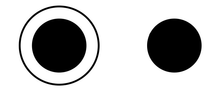 Two black circles are shown. The circle on the left has another black ring around the circumference of the circle, while the circle on the right does not.