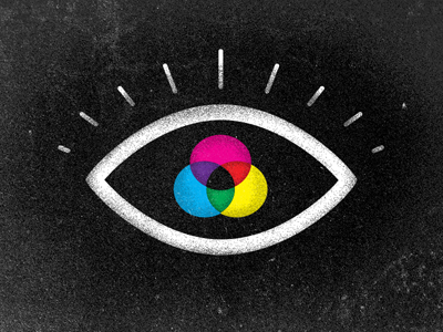 Poster depicting a drawing of an eye with circles of cyan, magenta, and yellow.