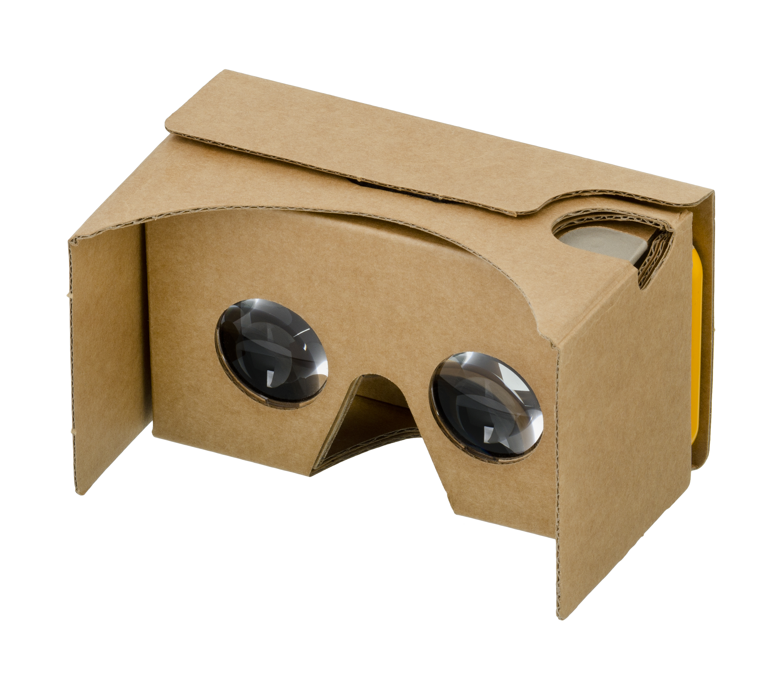 Photograph of a Google Cardboard viewer, a small cardboard box with two eye holes and lens that let the viewer look inside of the box to see their smartphone.
