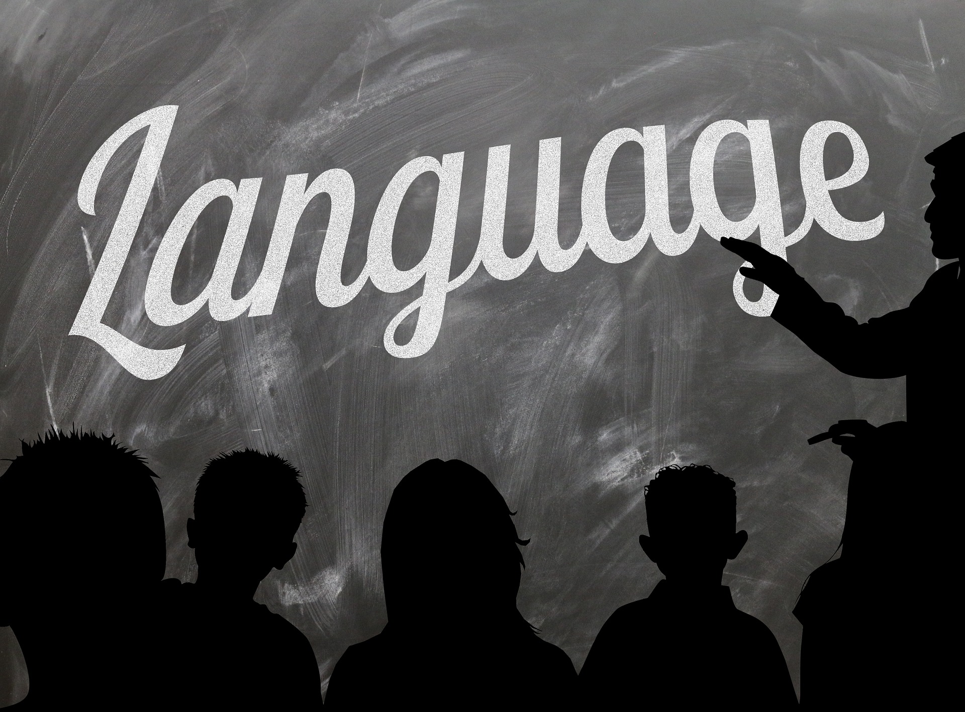 The word language written on the chalkboard with a silhouette of children in front of the chalkboard.