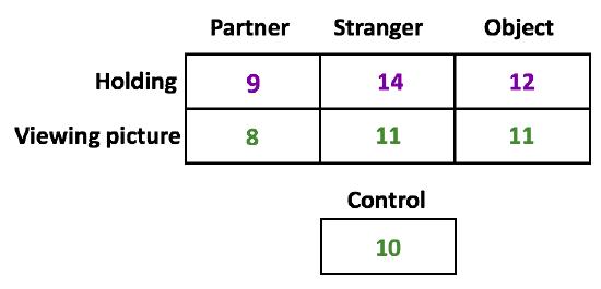 The results from one person's pleasantness ratings. When holding the hand of a partner, she scored a 9. A stranger, 14, and an object, 12. When viewing her partner's picture, an 8, a stranger an 11, and object 11. The control was a 10.
