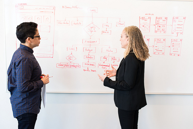 Two colleagues in conversation in front of a whiteboard with a flowchart.