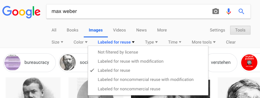 Google search return showing how to use the Tools button to search for images that are "labeled for reuse"