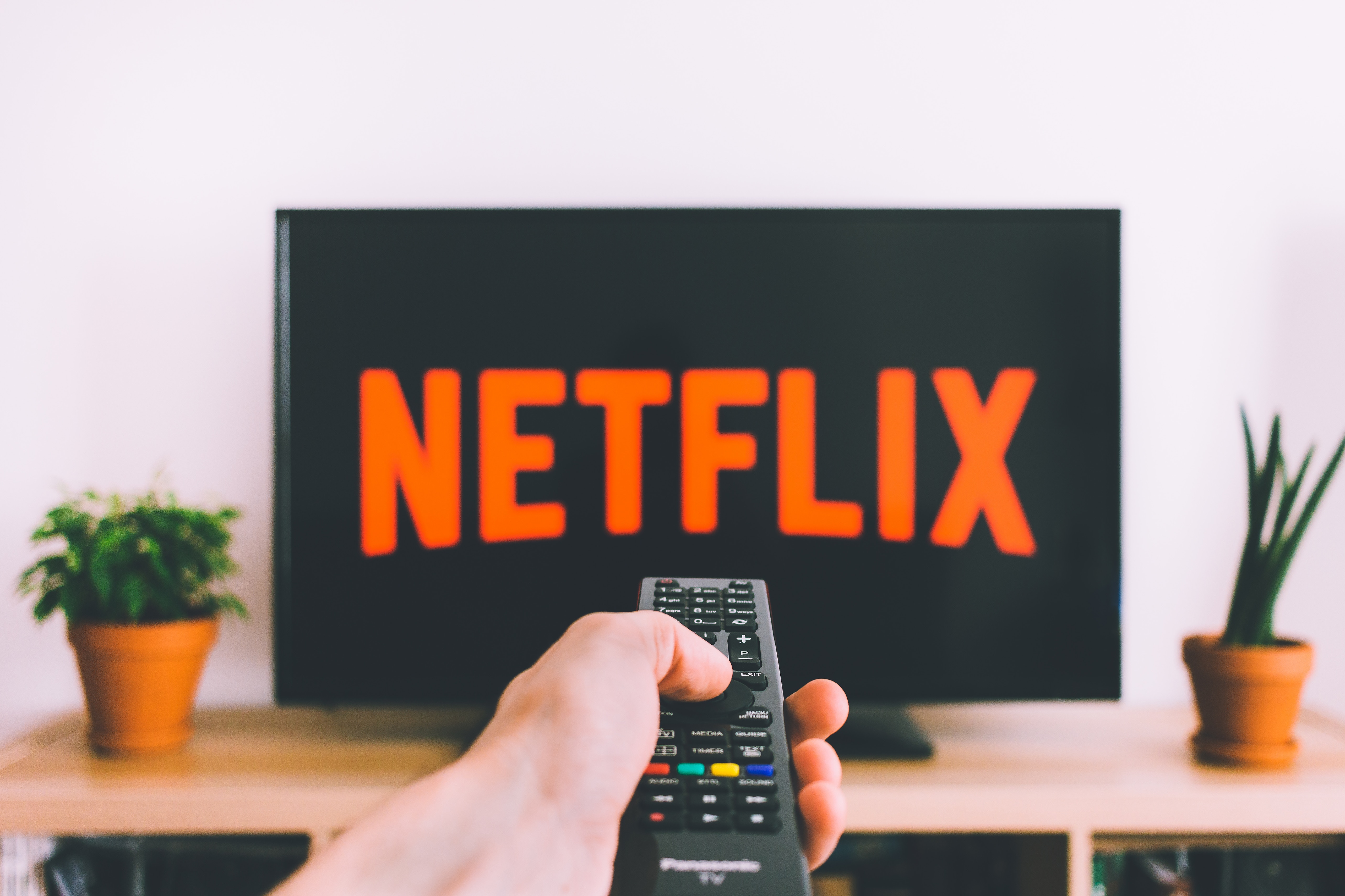 In the foreground a hand holds a remote control pointed at a television. In the background there is a large black TV screen with the word "Netflix" in big red letters.
