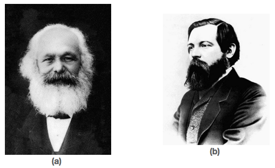 Black and white portraits are shown side by side. Portrait (a) is of Karl Marx, and Portrait (b) is of Friedrich Engels.