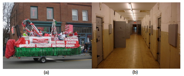 Figure (a) shows a parade float made by Girl Scouts. Figure (b) shows the hallway of a correctional facility.