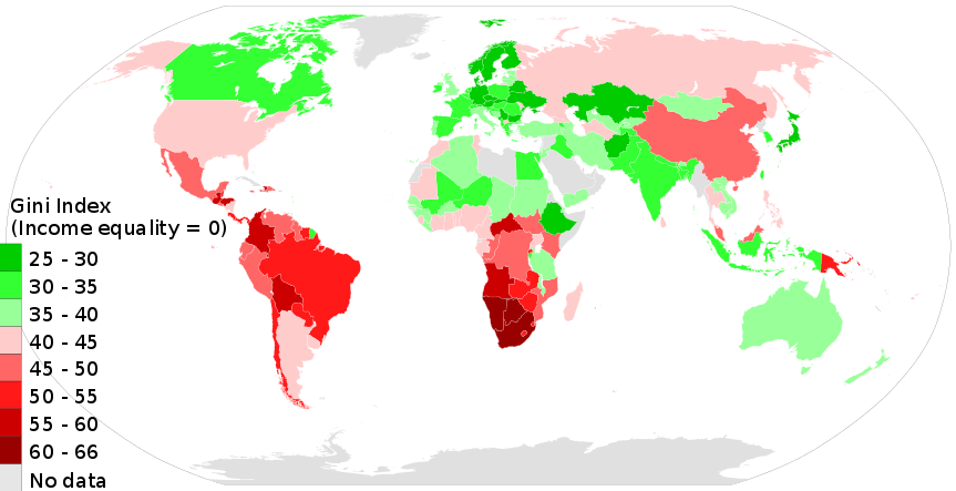The map shows the Gini Index (in %) of income worldwide ranging from 25-66%, according to latest published data by World Bank in July 2014. Many nations in South America, sub-Saharan Africa, and China show high inequality data, the U.S. and Russia in the middle, and Canada, much of northern Africa, the Middle East, and Australia showing lower GINI inequality.