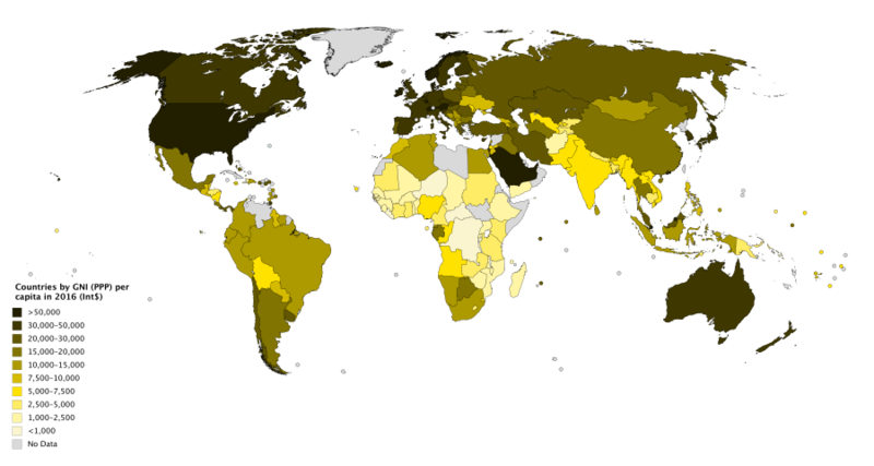 Image is of a world map color coded to show the countries by GNI (PPP) per capita ranging from less than 1,000 to over 50,000 in 2016. Nations in dark green (almost black), are shown to have high GNI PPP per capita. These include the U.S., must of Europe, Saudi Arabia, and Australia. Countries in light green fall in the middle, such as Russia and China, Brazil, South Africa, Argentina, Algeria, Indonesia. Countries in yellow have low scores--India, much of sub-Saharan Africa.