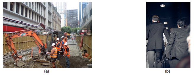 Figure (a) shows a group of construction workers on a city street. Figure (b) shows a group of businessmen from behind.