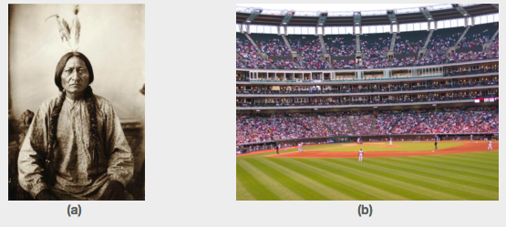 In figure (a), a Native American man sits facing the camera. Figure (b) is a photograph of a baseball stadium during an active game.