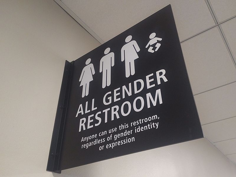 A grey restroom sign showing the gender symbols for woman, man, a gender neutral or gender non-conforming person and a baby. The sign reads "All Gender Restroom" in large letters and then "Anyone can use this restroom, regardless of gender identity or expression" in smaller letters.