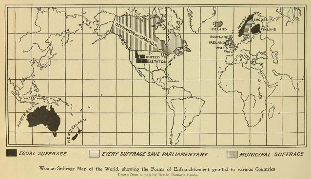 A map showing only Norway, Finland, Australia, New Zealand, and the states of Idaho, Utah, Wyoming, and Colorado having equal suffrage in 1908, with Canada and Iceland having municipal suffrage, and Sweden, Scotland, Ireland, Wales, and England having every suffrage save parliamentary.