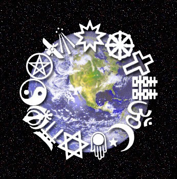The symbols of 14 religions are depicted in a circle around the edge of an illustration of Earth.