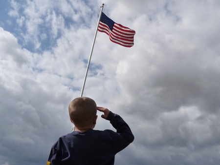 A young boy is shown from behind saluting the American flag.