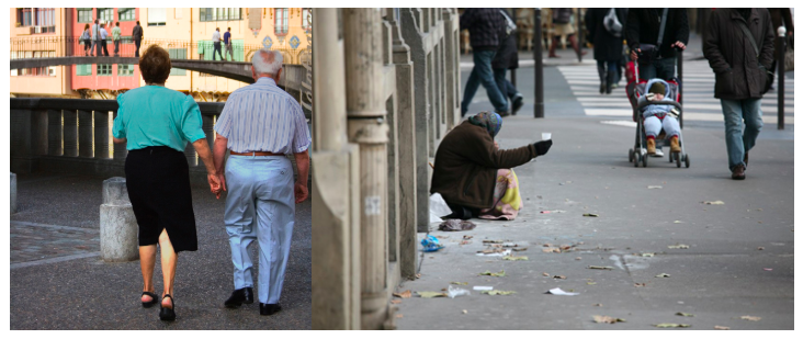 In figure (a), an older man and woman are shown from behind walking in a public plaza setting. In figure (b), a homeless person is shown sitting on a city sidewalk begging for change from passers-by.
