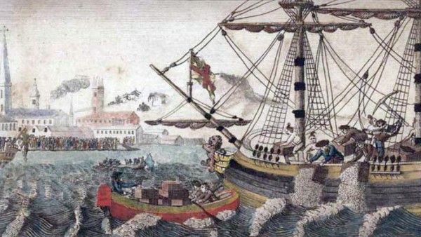 A painting of the Boston Tea Party. A large ship and cargo ship are in the water, and a harbor full of people is seen in the distance.