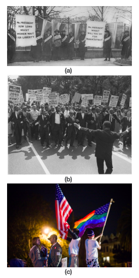 Figure (a) shows women’s suffrage marchers. Figure (b) shows a large group of marchers for civil rights. Figure (c) shows people waving a U.S. flag and a rainbow flag.