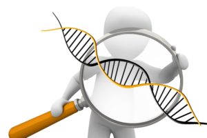 Graphic of person looking through magnifying glass at DNA