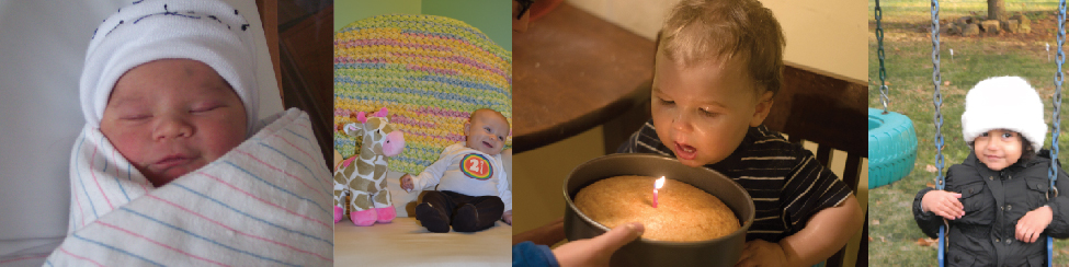 A collage of four photographs depicting babies. On the far left is a bundled up sleeping newborn. Then a picture of a toddler next to a toy giraffe. Then a baby blowing out a single candle on a birthday cake. Then a child on a swing set.