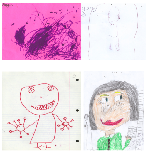 Four images drawn by young girls. The top left image shows lots of scribbles and lines, drawn by a 2 year old. The next image shows a stick-figure type drawing with a large head, rectangular body, and lines for legs. Next comes a stick-figure with more detail, like eyelashes, teeth, and fingers. Lastly, the drawing of a girl shows the full detail of a face with hair, freckles, red lips, and neatly-colored clothing.