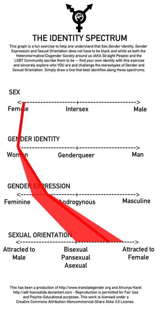 Identity spectrums: Sex, Gender Identity, Gender Expression, and Sexual Orientation. The Continuum for sex shows female on one side, male on the other side, and intersex in between. Continuum for gender identity shows woman on one side, man on the other side, and genderqueer in between. Continuum for gender expression shows feminine on one side, masculine on the other side, and androgynous in between. Continuum for sexual orientation shows “Attracted to male” on one side, “attracted to female” on the other side, and Bisexual, Pansexual, and Asexual in between.