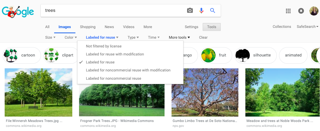 Google Image search for “trees” showing a drop down menu that filters images by usage rights. The user has selected “Labeled for reuse”.