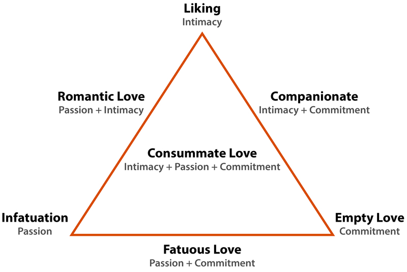 The model of the Triangular Theory of Love displays 6 types of love evenly spaced around the outside of a triangle, and one type of love at the center of the triangle. The types of love outside the triangle include: Infatuation (Passion), Romantic Love (Passion + Intimacy), Liking (Intimacy), Companionate (Intimacy + Commitment), Empty Love (Commitment), and Fatuous Love (Passion + Commitment). At the center is Consummate Love (Intimacy + Passion + Commitment)." title="The model of the Triangular Theory of Love displays 6 types of love evenly spaced around the outside of a triangle, and one type of love at the center of the triangle. The types of love outside the triangle include: Infatuation (Passion), Romantic Love (Passion + Intimacy), Liking (Intimacy), Companionate (Intimacy + Commitment), Empty Love (Commitment), and Fatuous Love (Passion + Commitment). At the center is Consummate Love (Intimacy + Passion + Commitment).