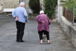 An elderly couple walking down a street with a dog; The man with a cane and the woman is hunched over