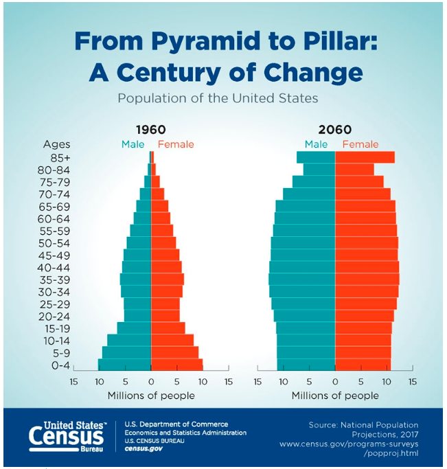 United States population data by age group from the U.S. Census Bureau that show population in 1960 as a pyramid shape (wide base, narrow top) with the largest population groups being between 0 and 4 years old, 5 and 9 years old, and 10 and 14 years old. The number of people in age groups decreases as ages rise above forty to forty five years, showing the age group eighty-five plus years old being the smallest population. In contrast, the projected ages for the year 2060 show a pillar-like shape instead of a pyramid, with roughly similar numbers of children, adults, and elderly.