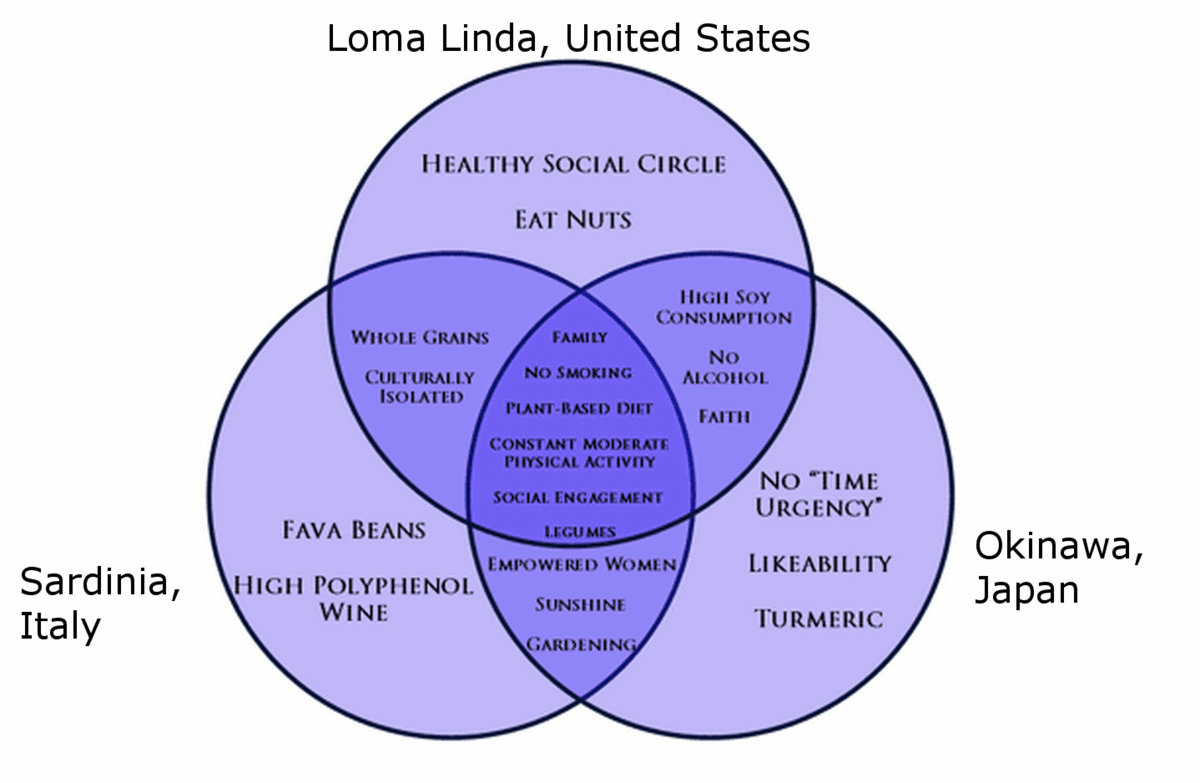 A Venn diagram shows three intersecting circles, each representing a different blue zone. One circle is labeled “Loma Linda, United States”, one is labeled “Sardinia, Italy”, and the last is labeled “Okinawa, Japan.” The diagram shows the healthy habits each region shares that contribute to a longer lifespan. All three regions share the following attributes: family, no smoking, plant-based diet, constant moderate physical activity, social engagement, and legumes. Sardinia and Loma Linda share the following attributes: eating whole grains and being culturally isolated. Sardinia and Okinawa share the following attributes: empowering women, having sunshine, and gardening. Okinawa and Loma Linda share the following attributes: high soy consumption, no alcohol consumption, and practicing faith. Loma Linda has the following attributes: Healthy social circles and eating nuts. Sardinia has the following attributes: consuming lava beans and high polyphenol wine. Okinawa has the following attributes: residents don’t experience “time urgency, there is likability, and they use turmeric.