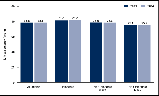 Life expectancy for all origins was 78.8 years in 2013 and 78.8 years in 2014. Life expectancy for hispanic people was 81.6 years in 2013 and 81.8 in 2014. Life expectancy for non-hispanic white people was 78.9 years in 2013 and 78.8 years in 2014. Life expectancy for non-hispanic black people was 75.1 years in 2013 and 75.2 years in 2014.