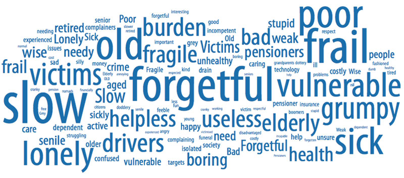Word cloud showing large words life slow, forgetful, vulnerable, grumpy, frail, old, poor, sick, lonely, and medium-sized words like useless, helpless, drivers, boring, burden, victims, bad. Smaller words are wise, retired, senior, costly, help, need, and active.