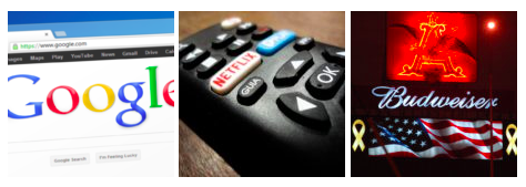 3 images: google search engine screenshot, TV remote showing Netflix button, and Budweiser advertisement
