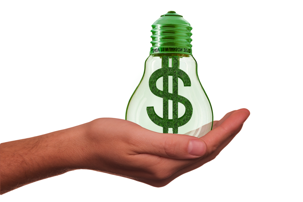Image of a hand holding an incandescent lightbulb. The filaments in the lightbulb have been altered to look like a green dollar sign.