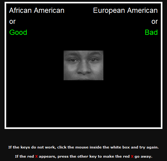 A screenshot shows a portion of the Implicit Associations Test. At the center a photo of a black man's face, from just above the eyebrows to just above the mouth, can be seen. At the top left corner the words "African American or Good" appear. At the top right the words "European American or Bad" appear. At the bottom of the screen the following instructions appear, "If the keys do not work, click the mouse inside the white box and try again. If the red X appears, press the other key to make the red X go away."