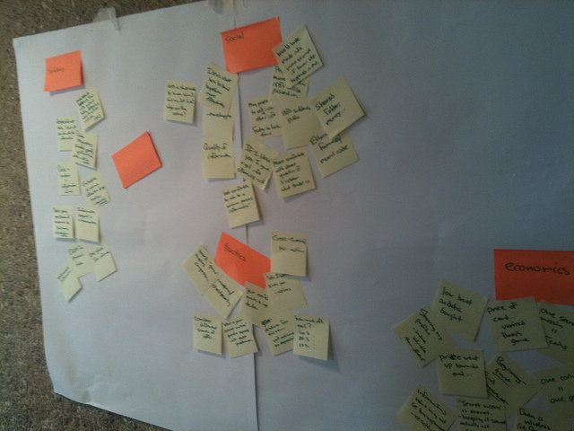 A poster board littered with post it notes during brainstorming