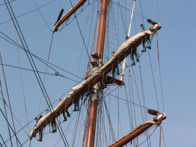 People standing on a ship's rigging