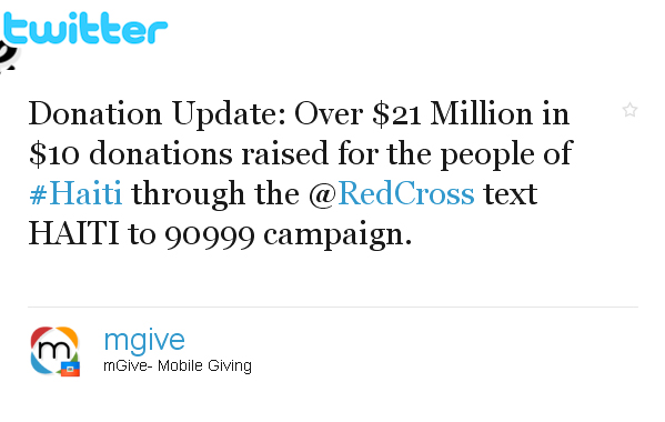 يتم عرض لقطة شاشة لصفحة Twitter الخاصة بتبرعات #Haiti هنا. تقول التغريدة: تحديث التبرع: تم جمع أكثر من 21 مليون دولار في شكل تبرعات بقيمة 10 دولارات لشعب #Haiti من خلال حملة @RedCross Text HAITI to 90999.