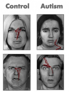 Four faces are displayed each with red lines showing patterns of eye movements. The faces observed by study participants without autism show red lines in a roughly triangular pattern from the eyes to the mouth. The faces shown to participants with autism show lines with no discernible pattern and not focused near the eyes or mouth.