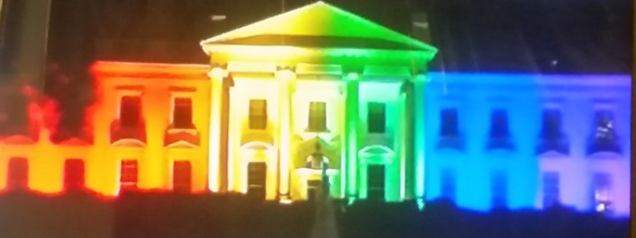 Rainbow colors at the white House celebrating marriage equality, following the 2015 Supreme Court Decision, Obergefell v. Hodges, legalizing gay marriage.