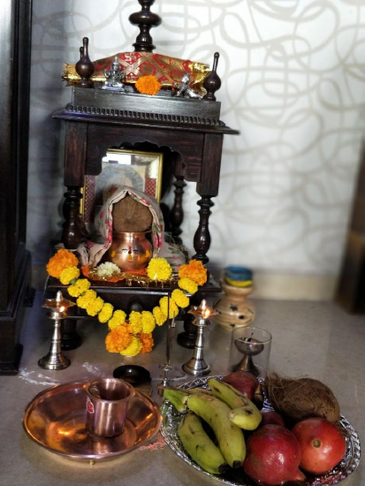 Prayer shrine to Saraswati, goddess of Knowledge for wisdom. 
