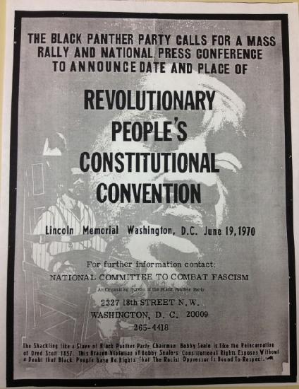 Black Panther rally poster. The bottom paragraph reads, The Shackling like a Slave of Black Panther Party Chairman Bobby Seale is like the Reincarnation of Dred Scott 1857. This Brazen Violation of Bobby Seale's Constituional Rights Exposes Without a Doubt that Black People Have No Rights That the Racist Oppressor is Bound to Respect.
